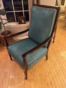 Rare 1900s Antique French Charles Provincial Style Mcm Wood Armchair Teal