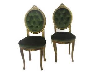 Pair Vintage Lounge Decorative Chair French Provincial Style Carved Wood Green