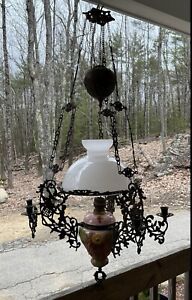 Antique Victorian Huge Bronze Brass Cherub Putti Decor Oil Lamp Chandelier