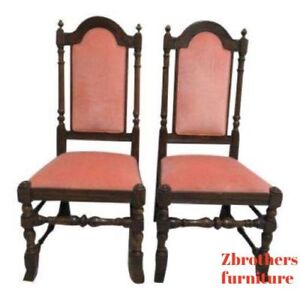 Pair Ethan Allen Charter Oak Jacobean Dining Room Side Chairs B