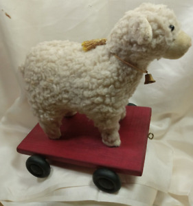 Folk Art Style Child S Wool Lamb Sheep Rolling Pull Toy Wood Wheels Wood Cart