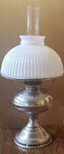 Rayo Antique Hurricane Lamp W Chimney Ribbed Frosted White Glass Shade 1905