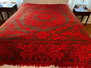 Woven Jacquard Coverlet W Eagles Bright Red Green Reversible Vintage Antique
