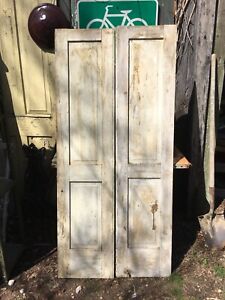 Vtg 1 Pair Old Wooden Door Shutters Architectural Salvage Screen 61 In X 28in