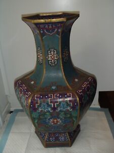 Old Chinese Ming Style Hexagonal Large Cloisonne Enamel Urn Vase 21 5 