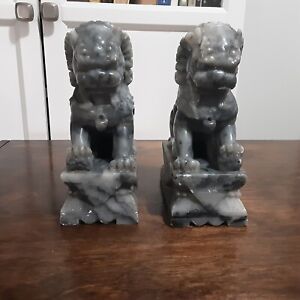Vintage Chinese Soapstone Foo Dog Lion Bookends 7 25 Tall X 2 75 W X 4 75 L