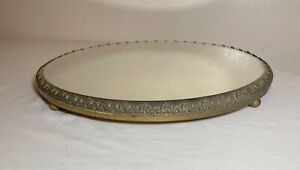Antique Bronze Round Plateau Beveled Vanity Jewelry Table Top Mirror Tray Brass 