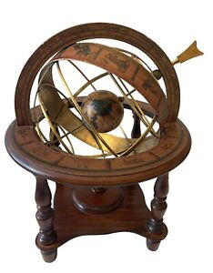 Vtg Armillary Sphere Wooden And Brass Astrology Zodiac 12 Wood Stand Italy