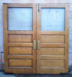 72 X83 Pair Antique Vintage Chestnut Wooden Swinging Door Window Textured Glass