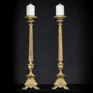 Candlesticks Pair French Antique Gilded Bronze Brass Candle Holders 40 