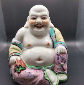 Vintage Chinese Hand Painted Porcelain Happy Sitting Buddha W Beads Figure 6 