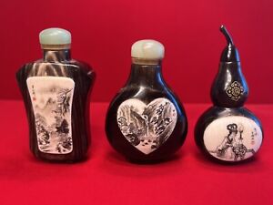 Three Antique Chinese Hand Carved Snuff Bottles With Jade Tops