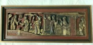 Chinese Antique Wood Panel W Real Gold Gilt Temple Scene Framed