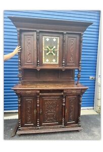 French Renaissance Revival Antique Carved Oak Buffet Sideboard Leaded Glass