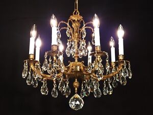 Antique French Brass 8 Lite Magnificent Shimmering Cut Lead Crystal Chandelier