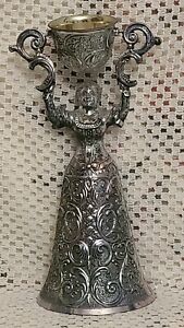 Vintage Antique Figural Wedding Cup German Silver Plate Woman Gold Gilt Goblet