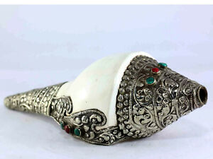 10 Tibetan Silver Blowing White Conch Shell Trumpet Ritual Turquoise Buddhist