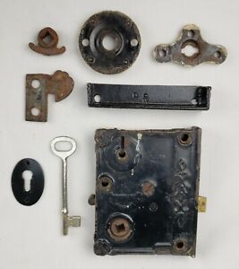 Antique 19thc Norwalk Mortise Door Lock Key Hardware Set Entry Old Cast Iron