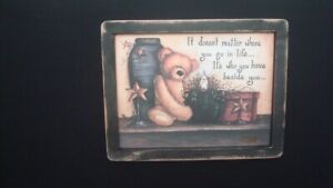 Primitive Country Print Bear With Pots In Black Frame 9 X 11 