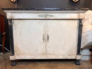 Swedish Style Painted Empire Two Door Cabinet With Marble Top And Sphinx Busts