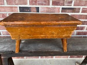 Old Vintage Rustic Primitive Wooden Stool With Mortise Joints