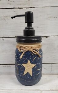 Primitive Crackle Navy Blue Tan Star Mason Jar Soap Dispenser Choice Top