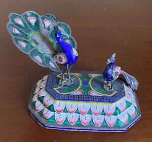 Antique Indian Rajasthan Enameled Sterling Silver Two Peacocks Figurine
