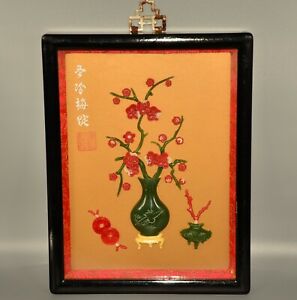 Chinese Vintage Original Signed Jadeite Stone Shadowbox Framed Collage Painting
