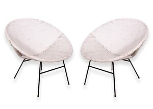 Mid Century Modern Pair Of White Scoop Rattan Chairs