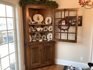 Rustic Primitive Antique Corner Cabinet With Original Glass Cabinet Door