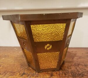 Vintage Copper And Amber Glass Mission Arts Craft Style Hanging Fixture Shade