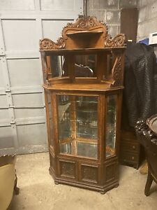 Victorian Carved Dolphin Oak Corner China Cabinet