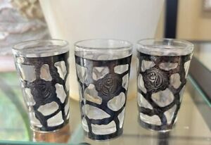 4 Antique Mexican Shot Glasses Sterling Silver Inlay 2 5 H 925 Vintage 