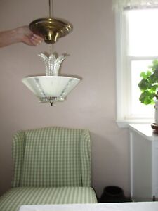 Vintage 30 S 40 S Brass Frosted Clear Glass Ceiling Light Fixture Chandelier