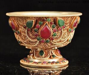 4 Old Chinese Palace Dynasty Silver Gilt Filigree Inlay Gem Goblet Wineglass Cup