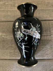 Vintage Lacquer Over Brass Inlaid Mother Of Pearl Vase Korea