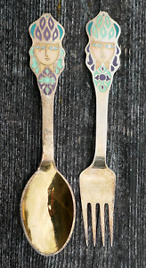 Vintage A Michelsen 1982 Gilded Sterling Silver Christmas Spoon Fork Set