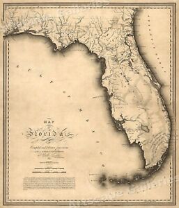 1823 Historic Map Of Florida And Gulf Of Mexico 20x24