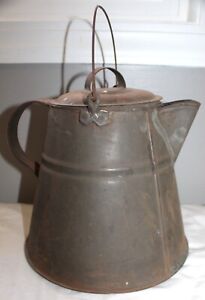Antique Metal Tin Copper Bottom Camp Cowboy Handled Large Coffee Pot Primitive