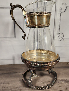 Antique Glass Coffee Warmer Pitcher Silverplate Glass Sterno Heat Vintage