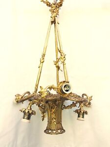 Antique Exceptional Sublime French 6 Light Basket Bronze Flowered Chandelier