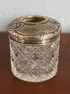 Art Nouveau Hair Tidy Dresser Jar Sterling Silver Lid Cut Glass Body
