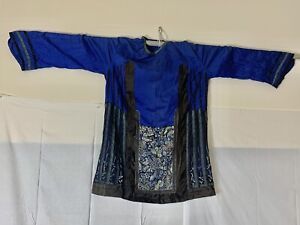 Antique Chinese Forbidden Stitch On Blue Silk Summer Robe