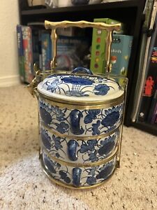 Antique Chinese Ceramic 3 Tier Stacking Lunch Box Brass Tiffin Carrier Unused