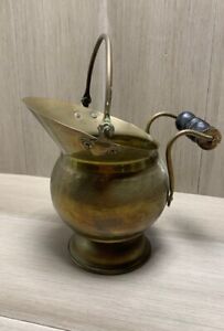 Vintage Brass Coal Scuttle Bucket With Black Wooden Handle Fireplace Hearth Man