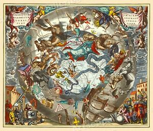 1660s Celestial Chart Of The Zodiac Vintage Style Astrology Map 24x28