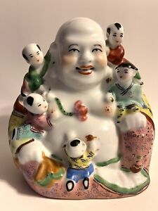 Vintage Chinese Porcelain Happy Buddha With Five Children Marked Stamped 8 Tall