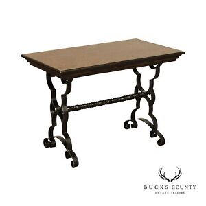 Spanish Revival Vintage Wrought Iron Oak Trestle Table