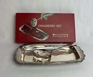 Vintage W M Rogers Cranberry Serving Tray Spoon Silver Plate Set Original Box