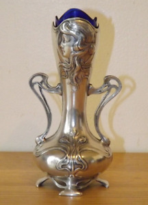 Wmf Art Nouveau Jugendstil Pewter Maiden Vase With Blue Glass Liner 6 15cm Tall
